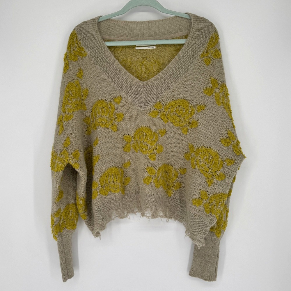 Anthropologie Alpaca Floral V Neck Sweater M Distressed Boho Slouchy Oversized